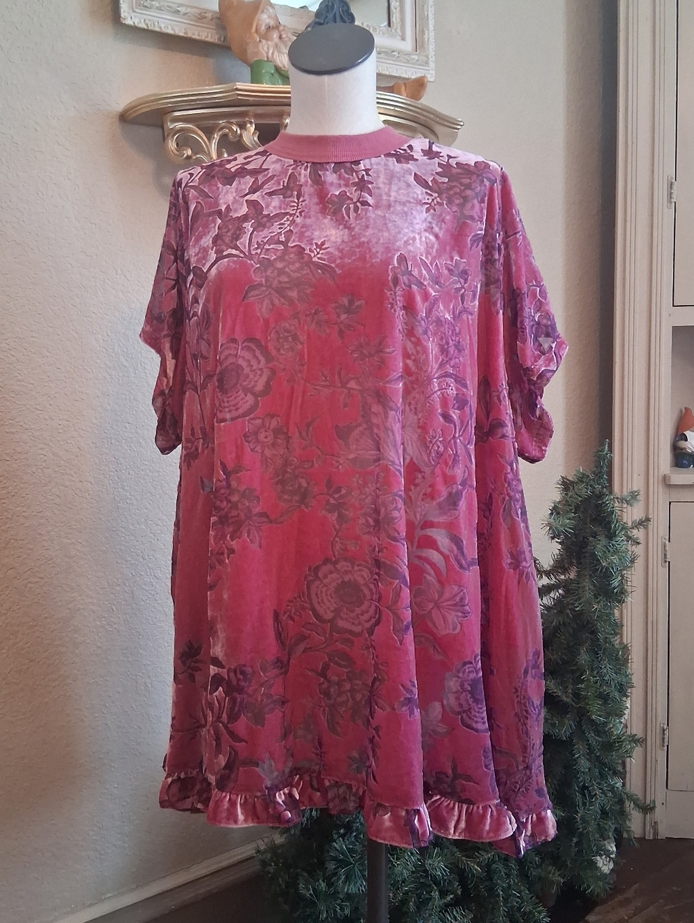 Free People Pink Floral Velvet Ruffle-Hem Tunic